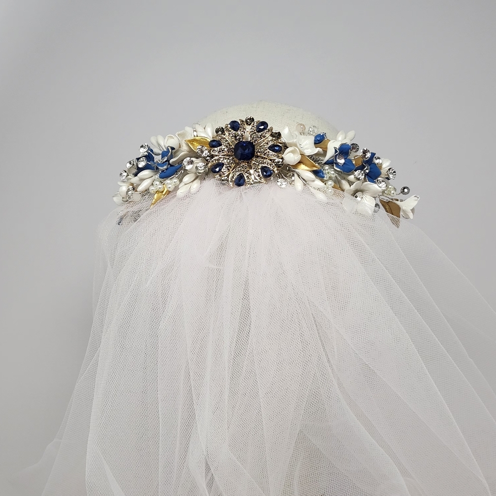 Elegant Blue and Gold Floral Headband - Picture 14 of 15